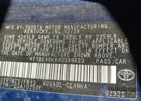 2009 Toyota Camry Le from USA, damaged, VIN 4T1BE46K69U399623